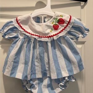 Striped Blue & White Baby Dress with Strawberry Trim